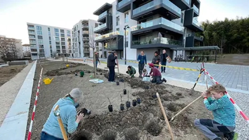 Des personnes plantent des arbustes et des fleurs dans le cadre d'un projet communautaire