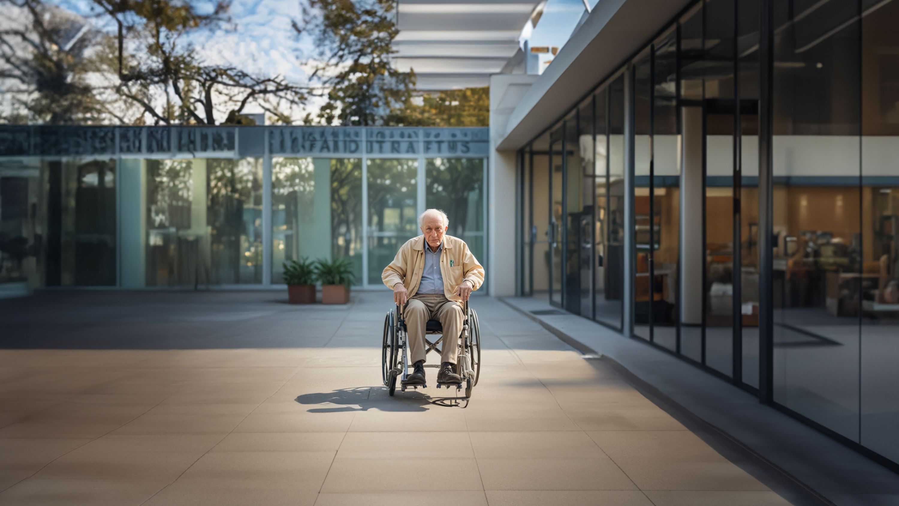 Ein älterer Mann sitzt in einem Rollstuhl und befindet sich vor einem Spital