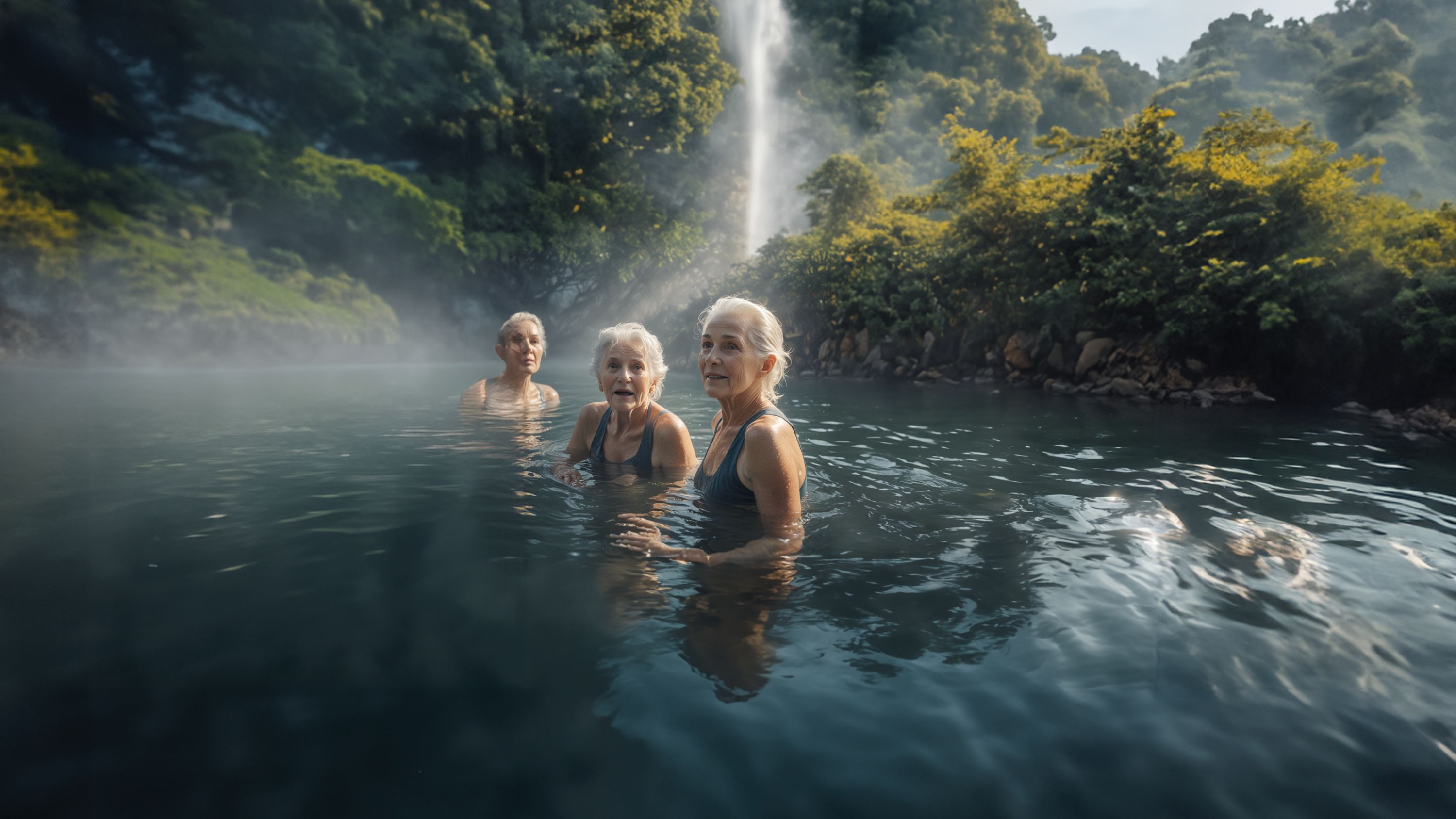 Trois femmes âgées se baignent dans un lac alors qu'une chute d'eau se produit derrière elles