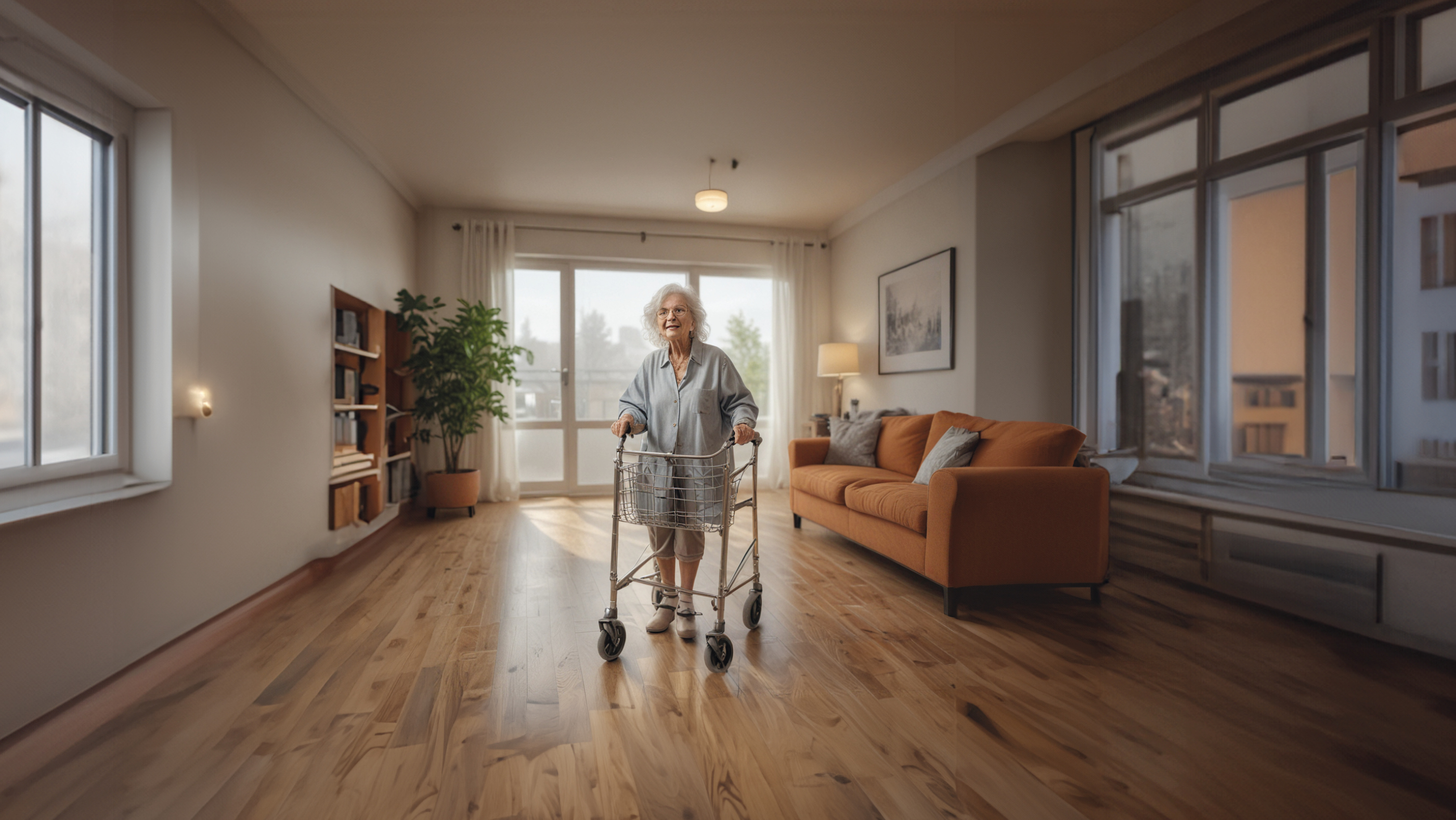 Une femme heureuse avec un déambulateur montre son magnifique appartement