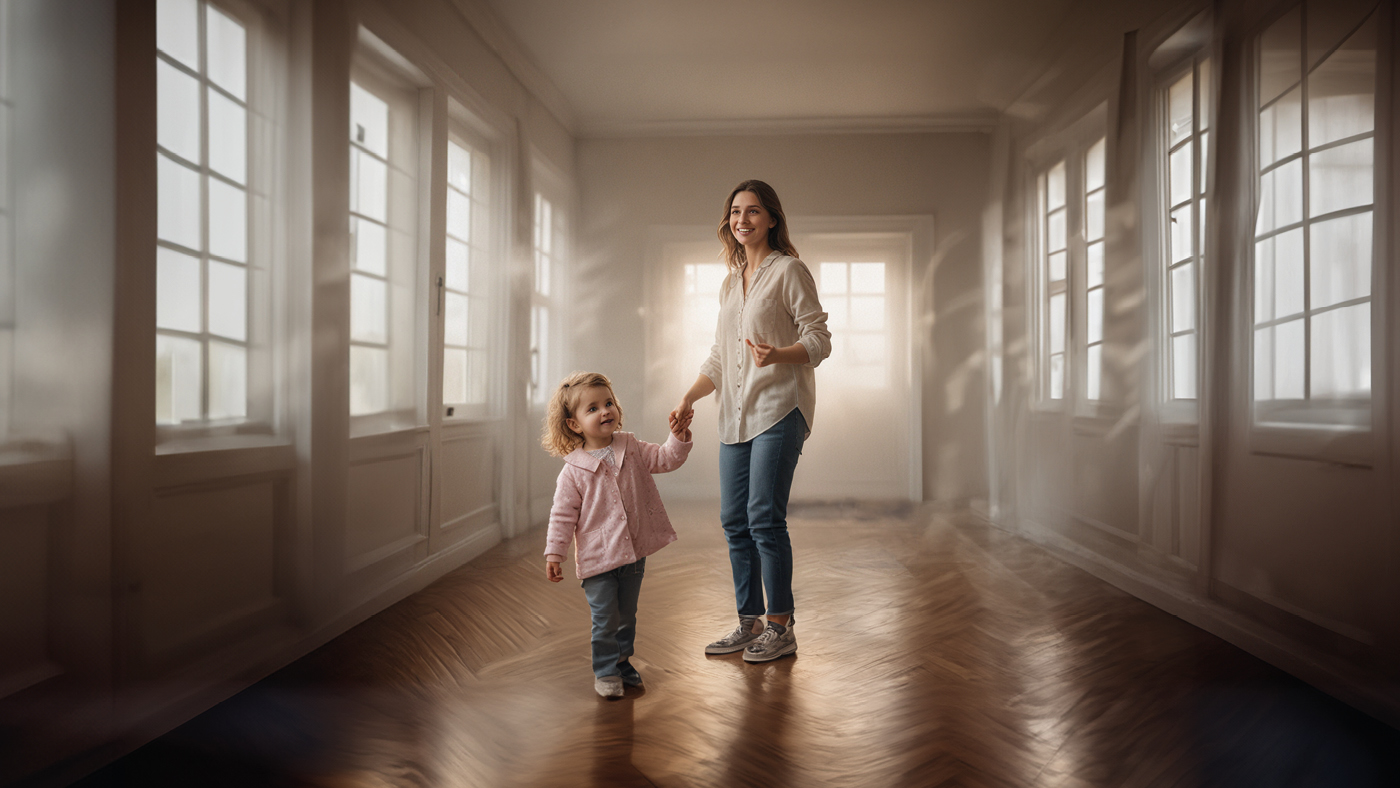 Une jeune mère et sa fille se tiennent par la main dans une pièce baignée de lumière