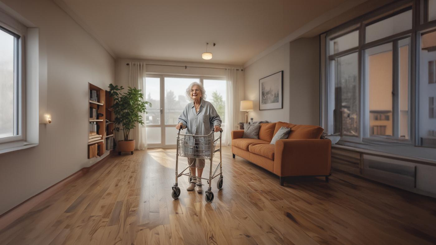 Eine glückliche Frau mit einem Rollator zeigt ihre wunderschöne Wohnung